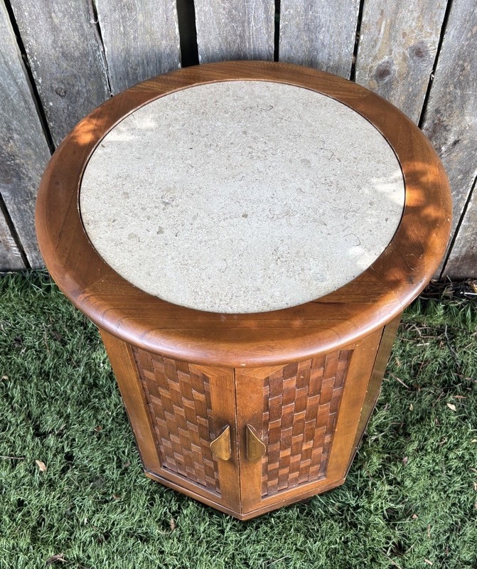 Vintage Mid Century Danish Modern Octagon Drum Side End Table Cabinet MCM Marble gallery