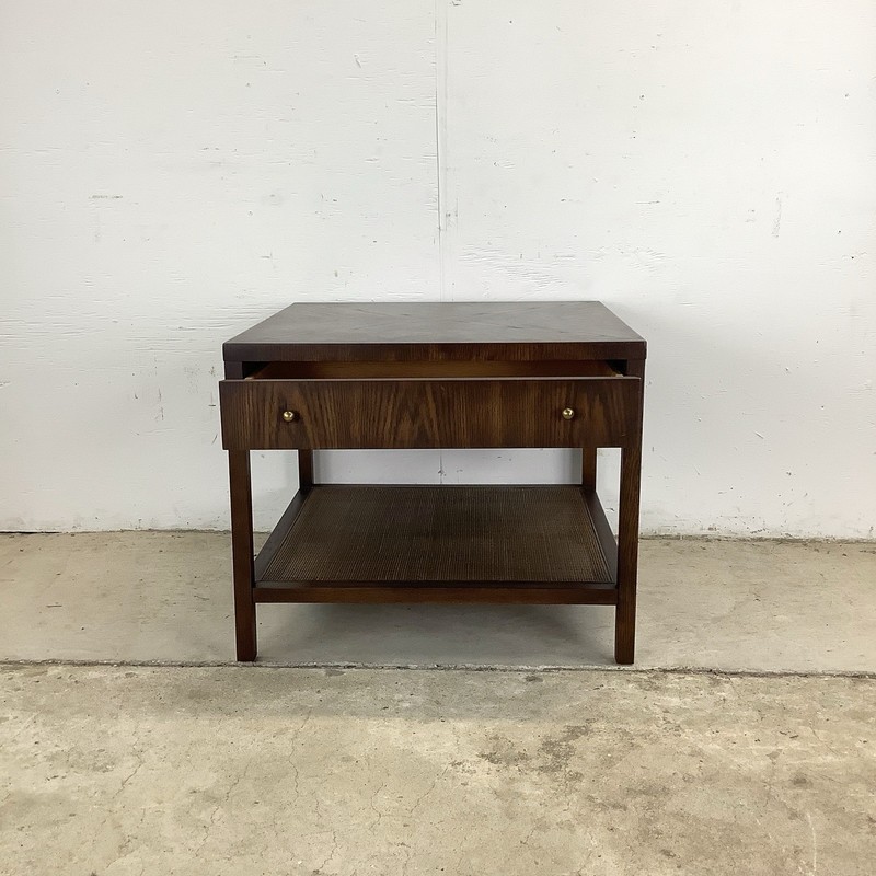 Mid-Century End Table with Drawer and Woven Shelf gallery