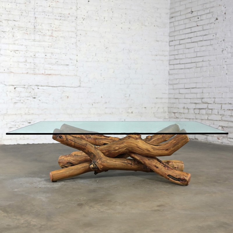 1990’s Coffee Cocktail Table Natural Rustic Twisted Tree Limb Base & Glass Top gallery