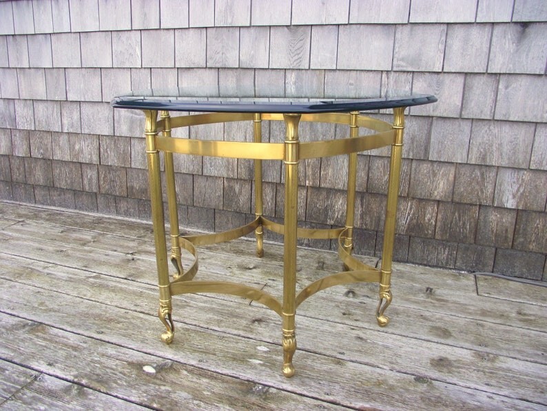 Hollywood Regency Labarge Queen Anne Hexagon Brass Glass Side End Table H1 gallery