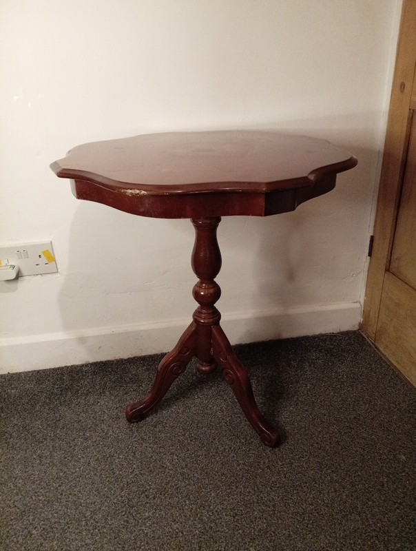 Vintage Coffee Table Inlaid Flower Design Mahogany Antique looking 3-Legs Table gallery