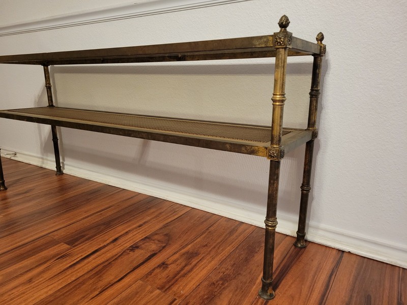 Vintage Hollywood Regency Gold Entry Table 1970s Modernist Etagere Tiered gallery