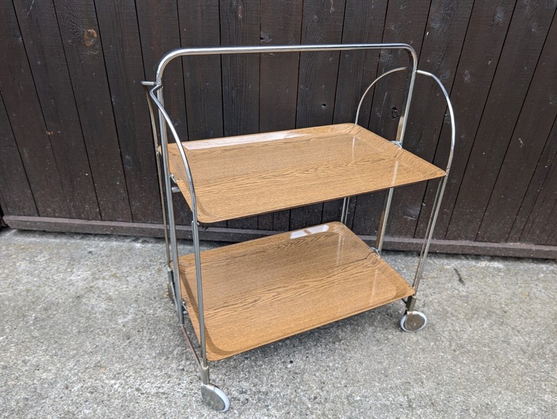 Dinette Serving Cart Tea Cart Table Side Table Oak Bar Chrome 70s Oak gallery