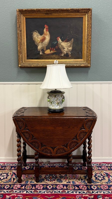 Antique English Table Drop Leaf Gateleg CARVED TOP Barley Twist Oak c. 1920-30s gallery