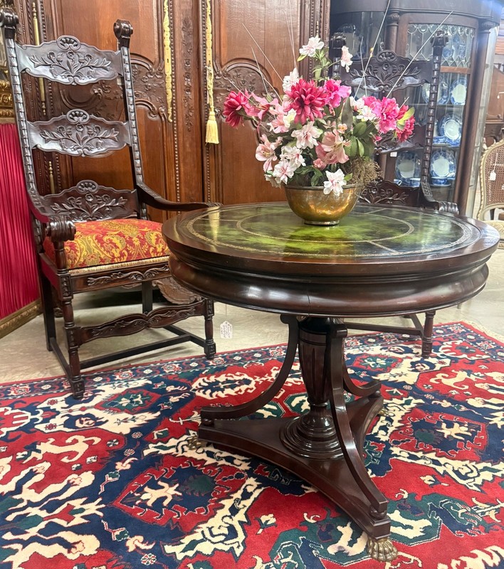 Antique Regency Mahogany Round Pedestal Table with Green Leather Top Bronze Feet gallery