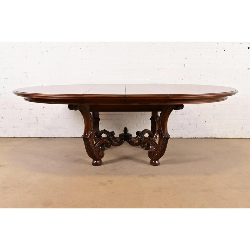 Henredon Italian Provincial Carved Walnut and Burl Wood Pedestal Dining Table gallery