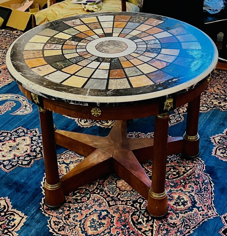 RARE FINE MULTI-GEM INTARSIA TABLETOP ,BRONZE MOUNTS WITH WOODEN BASE DIA=38" gallery