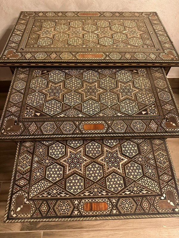 Rare Vintage Damascus Inlaid Nest of 3 Tables 1940s Mother of Pearl Tunbridge gallery
