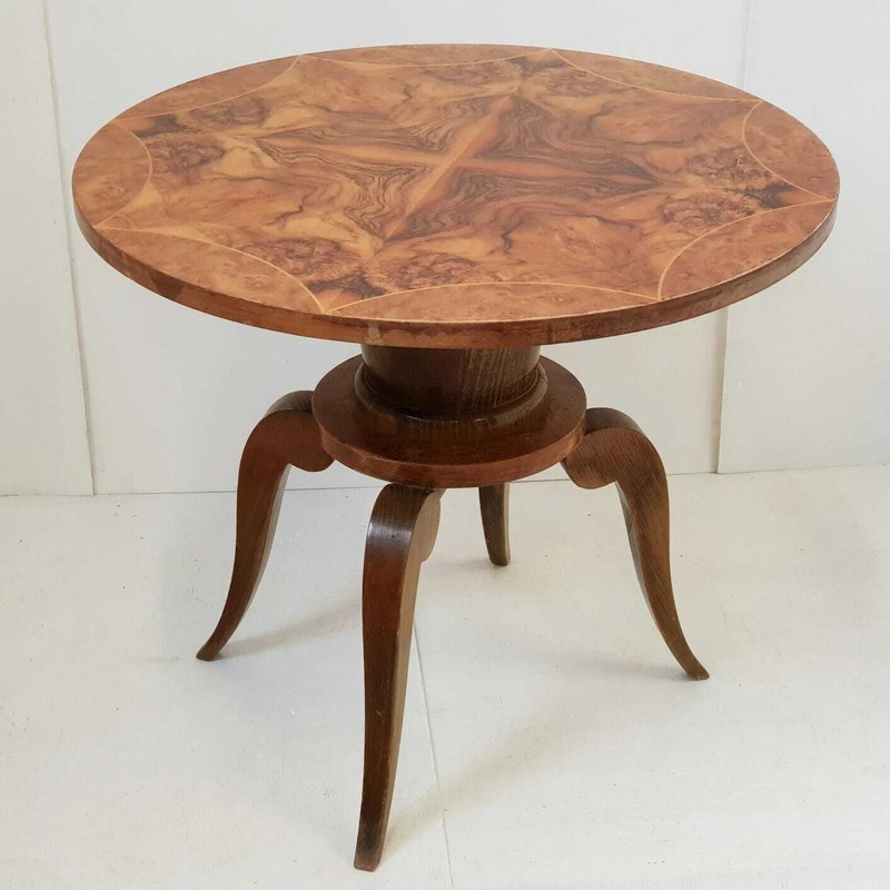 Vintage Side Table Gueridon Walnut Varnish Marquetry 1940s 1950s