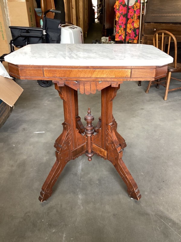 Walnut Parlor Table With White Marble Top 19” x 27” x 29.5T Beautiful Wood Work