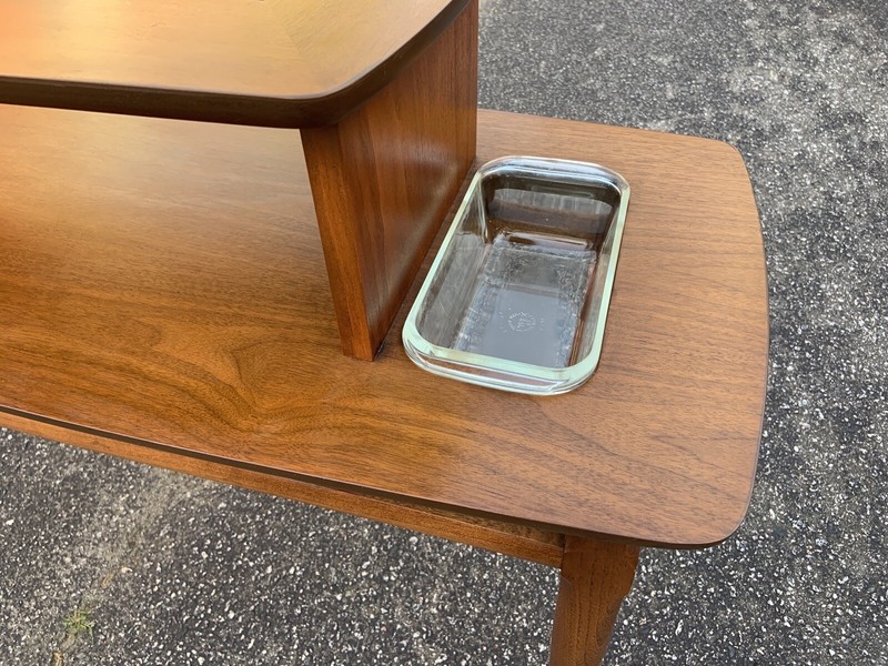 Mid century modern 1958 coffee Sofa Console table by Lane Altavista burled wood gallery