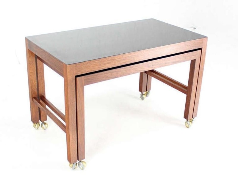 Pair Set Danish Mid Century Modern Walnut Base Black Laminate Nesting Table MINT gallery