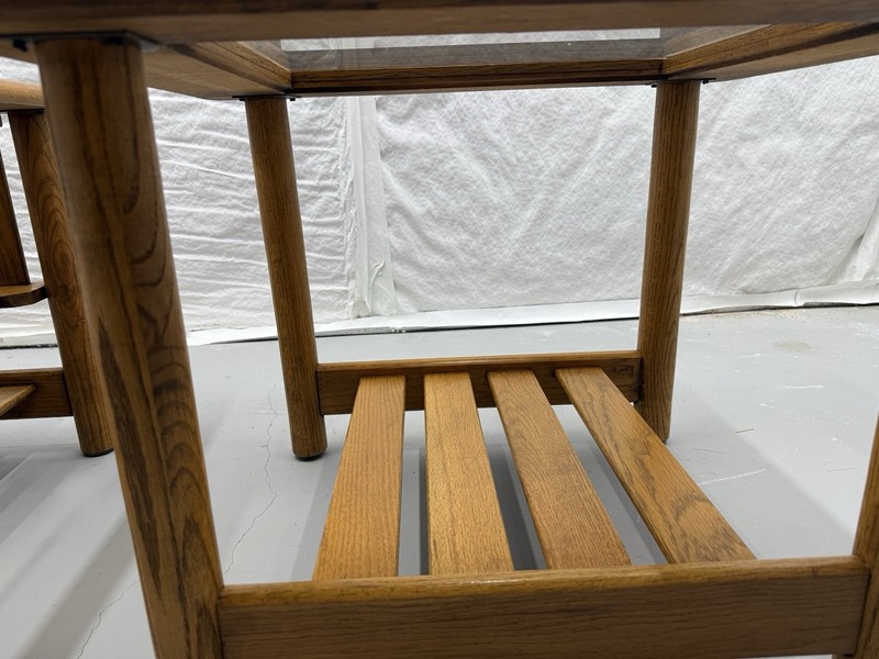 1970's Mersman Solid Oak & Smoked Glass End Tables / Magazine Table Set gallery