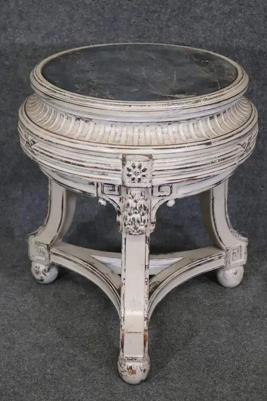 French Regency Style Distressed Finished Marble Top Round End Table Pedestal gallery