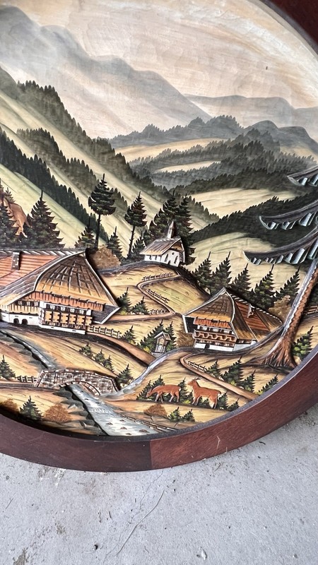 MCM Black Forest Style 39” Round Hand Carved Alpine Village Table Chalet Glass gallery