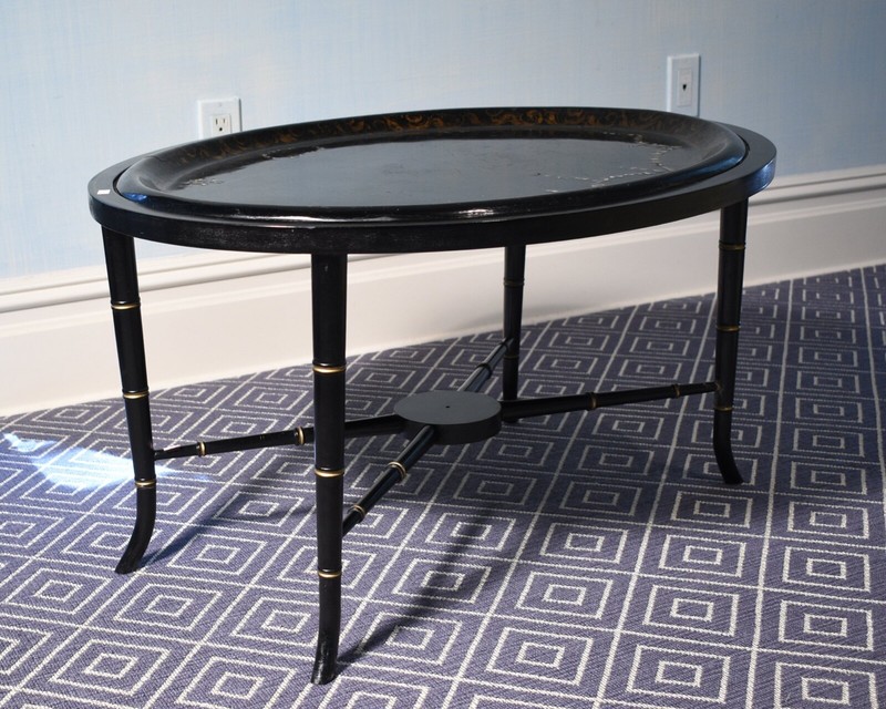 Antique Inlaid Oval Papier Mâché Tray On Stand gallery