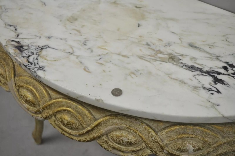 Italian Neoclassical Half Round Demilune Marble Top Ribbon Carved Console Table gallery