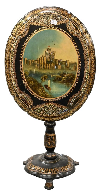 Antique Tip Table, Papier Mache, Black, Gold, Mother of Pearl, Scene, 1800s!