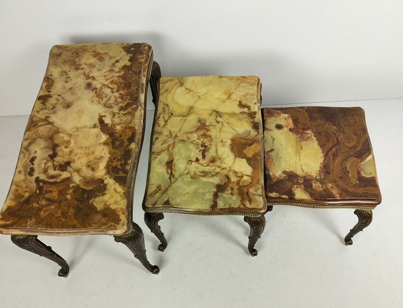Set of 3 Nesting Stacking Coffee Side Tables Marble Onyx Brass Hollywood regency gallery
