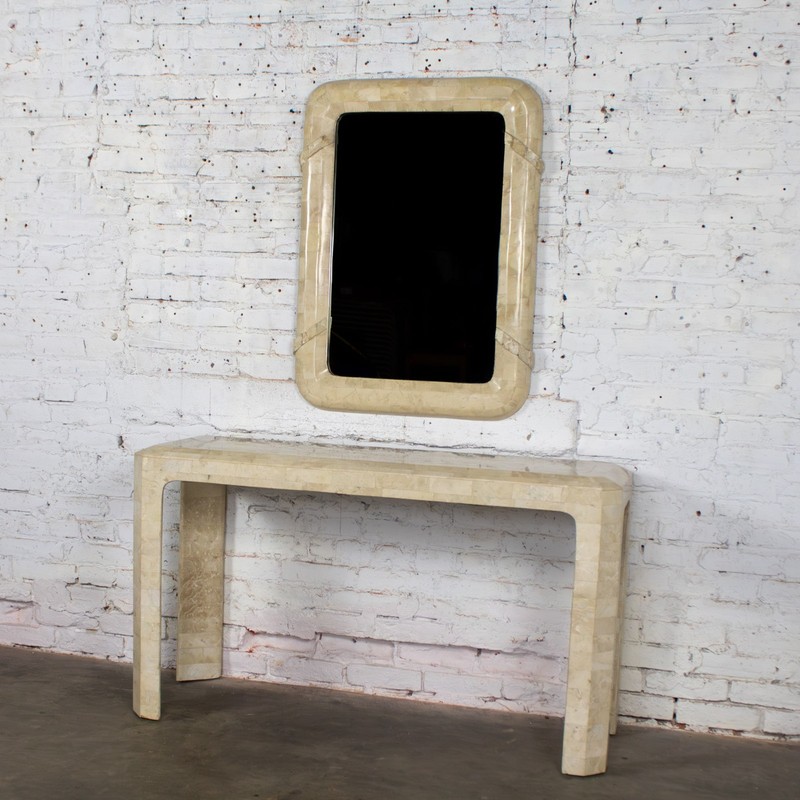 Modern Tessellated Travertine Console or Sofa Table & Wall Mirror Set Philippine gallery