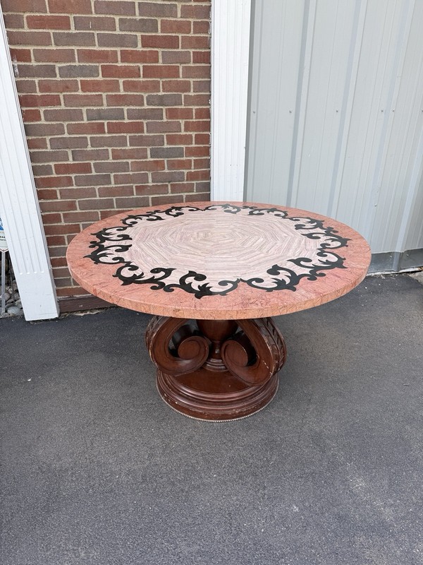 Vintage Round Marble Inlay Dining Table Pink Stone Top Carved Wood Pedestal 48″