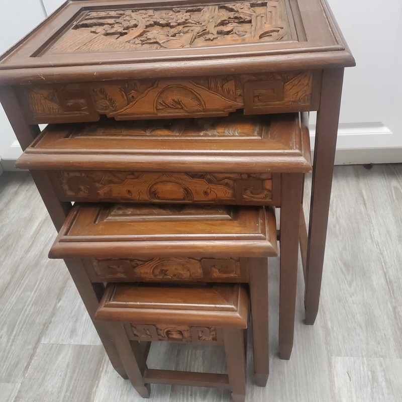 Vintage 1960s Asian Carved Nesting Tables Side Coffee Decor Table Set of 4 gallery