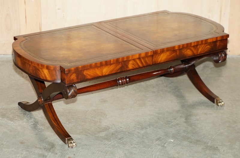 STUNNING FULLY RESTORED HEIRLOOM WEIMAN BROWN LEATHER EXTENDING COFFEE TABLE gallery