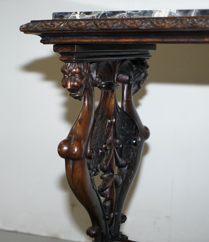 ITALAIN CIRCA 1840 ORNATELY HAND CARVED OAK SIDE TABLE WITH SOLID MARBLE TOP gallery