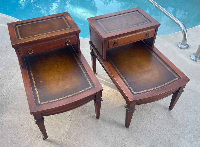 PAIR 1940s Step-Back Tooled Leather Top ANTIQUE Side End Drawer Tables Mersman