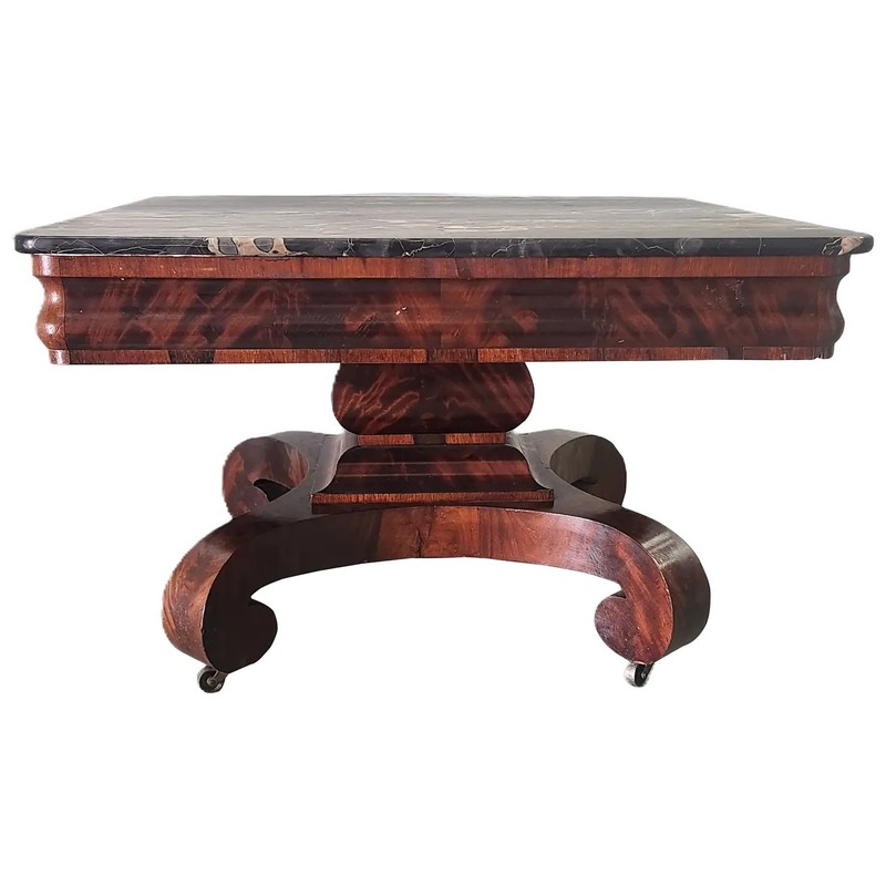 Coffee Center TABLE, c1840 Empire Restauration, Mahogany, Black Gold Marble,21"t