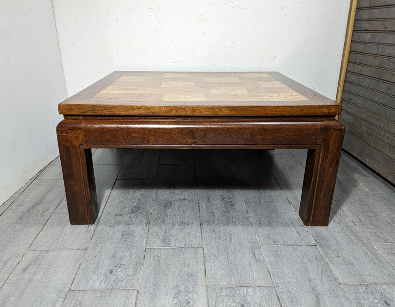 Vintage Asian Ming Style Solid Wood Coffee Table Inlaid Burl Mosaic Parquet Top gallery