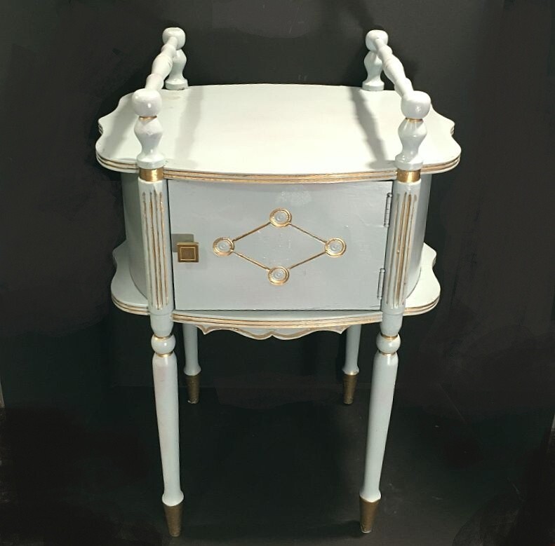 French inspired bar cart. Vintage cigar humidor table. Tea table. French blue. gallery