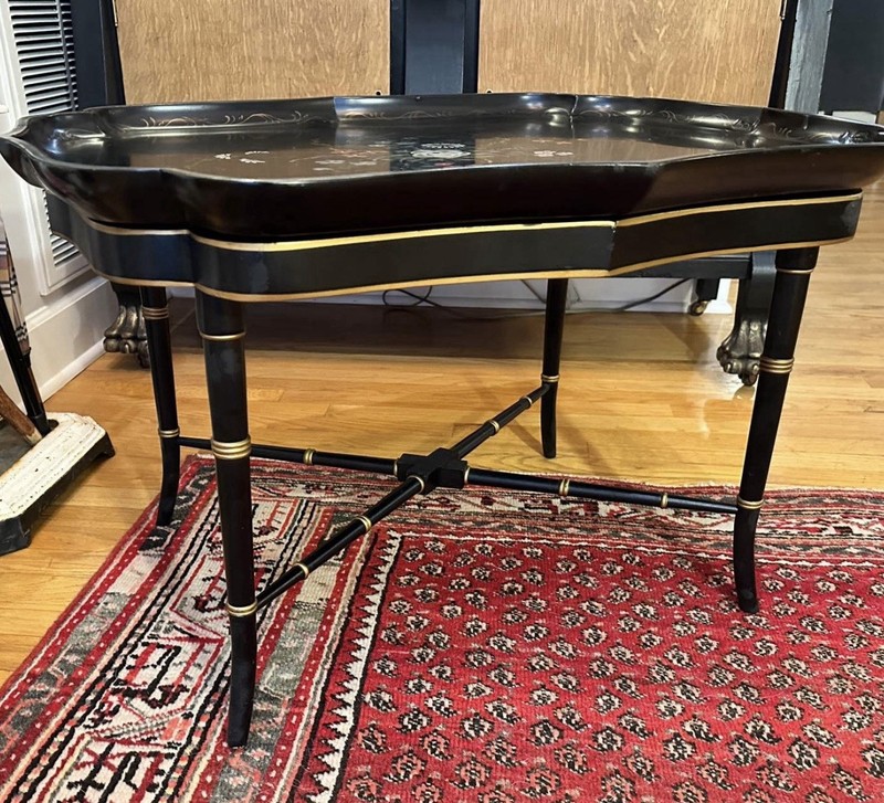 Antique Hand Painted Signed English Hand Painted Tole Tray Top Coffee Table gallery