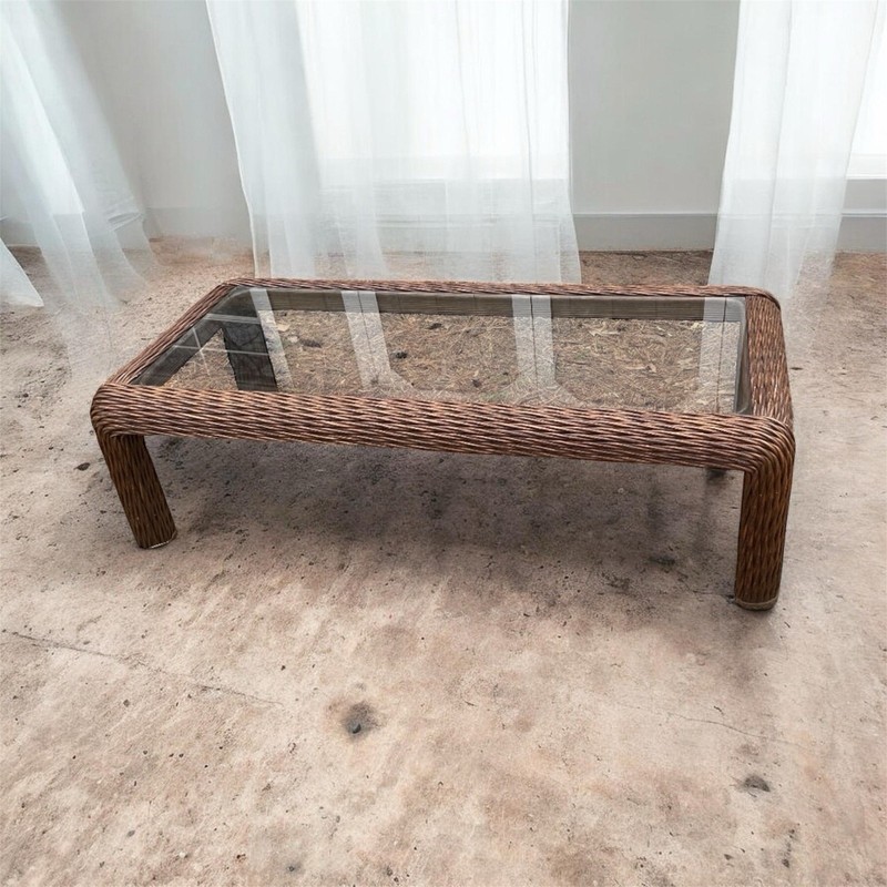 Vintage 1970’s Braided Pencil Rattan Coffee & Side Tables W/Glass Tops