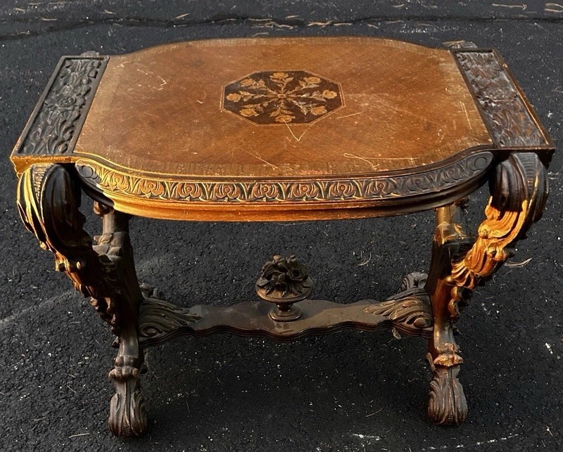 Antique Scholle’s of Chicago Ornate Wood Table Carved Legs Inlay Wood Design