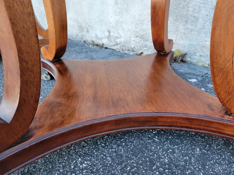 PAIR ANTIQUE ENGLISH REGENCY MAHOGANY ROUND PINK MARBLE SOFA TABLE W BRASS FEET gallery