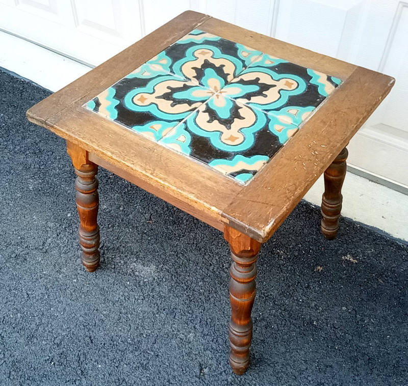 Vintage 40s Mexican tile top wood table 17.5 x 17 x 17″