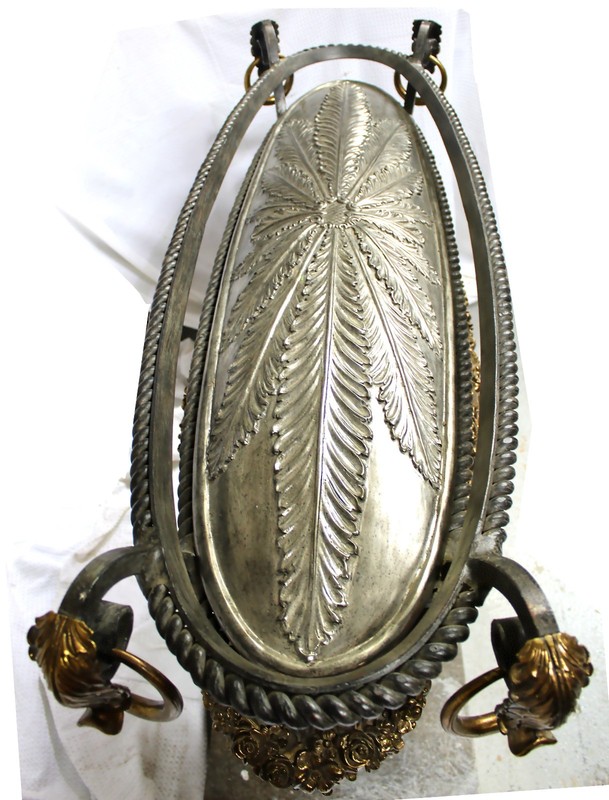 Empire Style Marble, Glass, Embossed Steel, & Brass Oval Console Table gallery