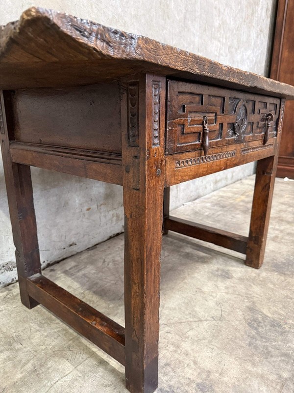 18th C. Spanish Beautifully Rustic Carved-Wood Trestle-Leg Table with Drawer gallery