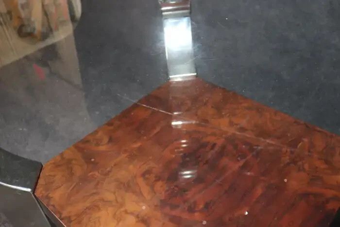 Large Milo Baughman Style Chrome and Burled Walnut Beveled Glass Table gallery