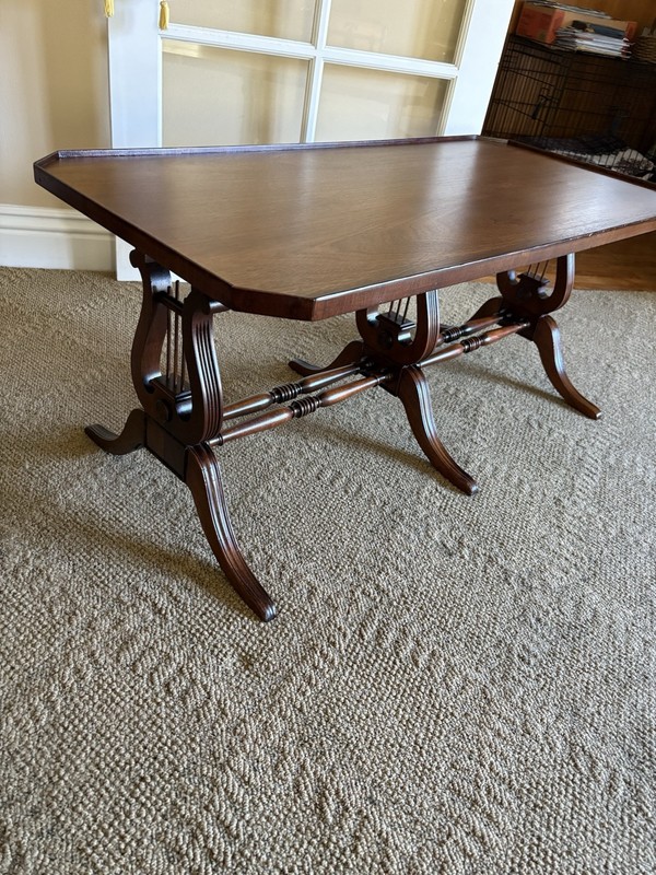Antique English Regency Mahogany Wood Lyre Harp Base Coffee Table