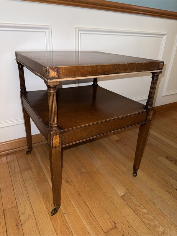 Antique Inlay Wood End Table 20x20x25″ Wheel Inlaid Marquetry Read