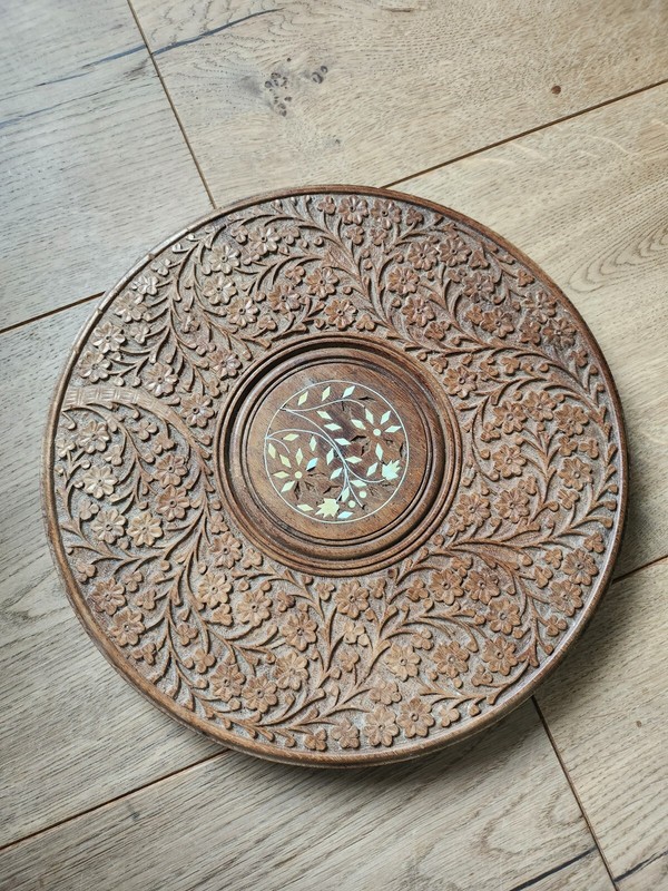 Vintage Carved Sheesham Wood Table Plant Stand TOP ONLY Inlaid Leaves India