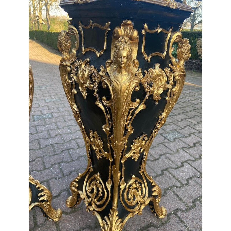 Pedestals Display Stands Italian Baroque Black Gold Columns Vintage Pair 1990s gallery