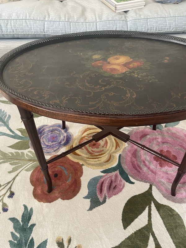 Antique Hand Painted Tole Tray With Made To Order Mahogany Table From Shreves
