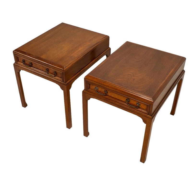 Vintage Burl Walnut Nightstands by Fine Arts Furniture W/ Brass Handles - A Pair gallery