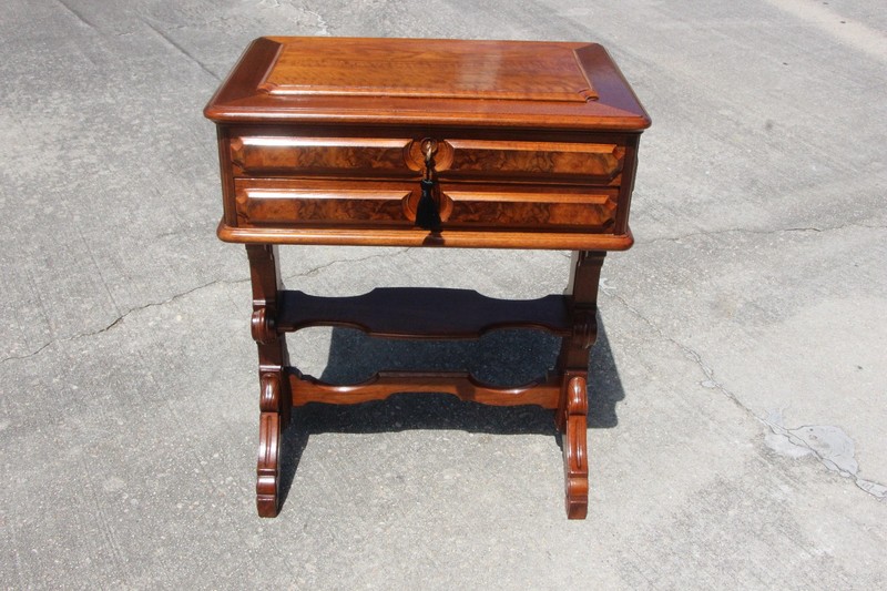Gorgeous Burl Walnut Victorian Sewing Vanity Table with Carved Sides ~ Ca.1870