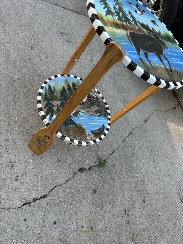 Wilderness Handpainted Scene Round 2 Tier Side Table w/ Oar Paddle Legs - Cabin gallery
