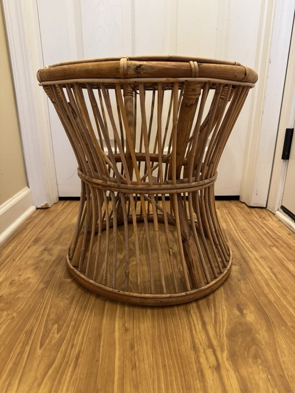 Vintage MCM Round Rattan Bamboo Cane Pedestal Table Plant Stand 18”