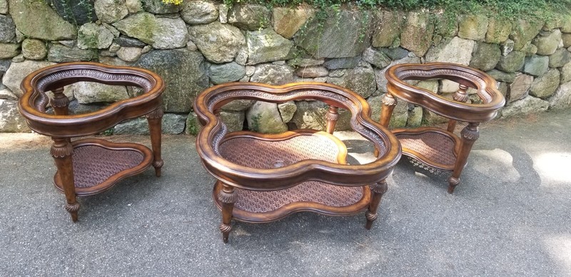 4-leaf clover shaped coffee table glass top, carved wood accented,